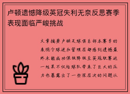 卢顿遗憾降级英冠失利无奈反思赛季表现面临严峻挑战