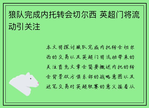 狼队完成内托转会切尔西 英超门将流动引关注